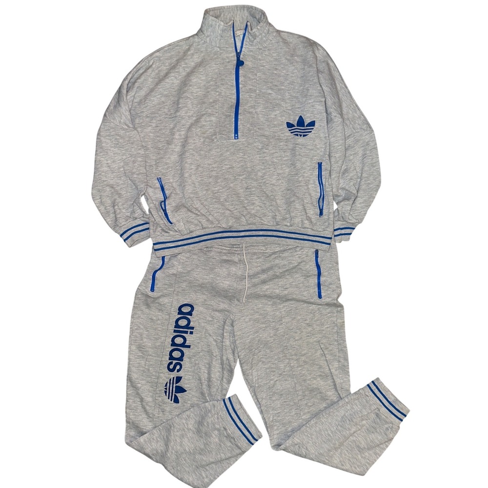 Vintage Adidas Trefoil Tracksuit Gray Blue Quarter Zip Sweatshirt Pants Set L